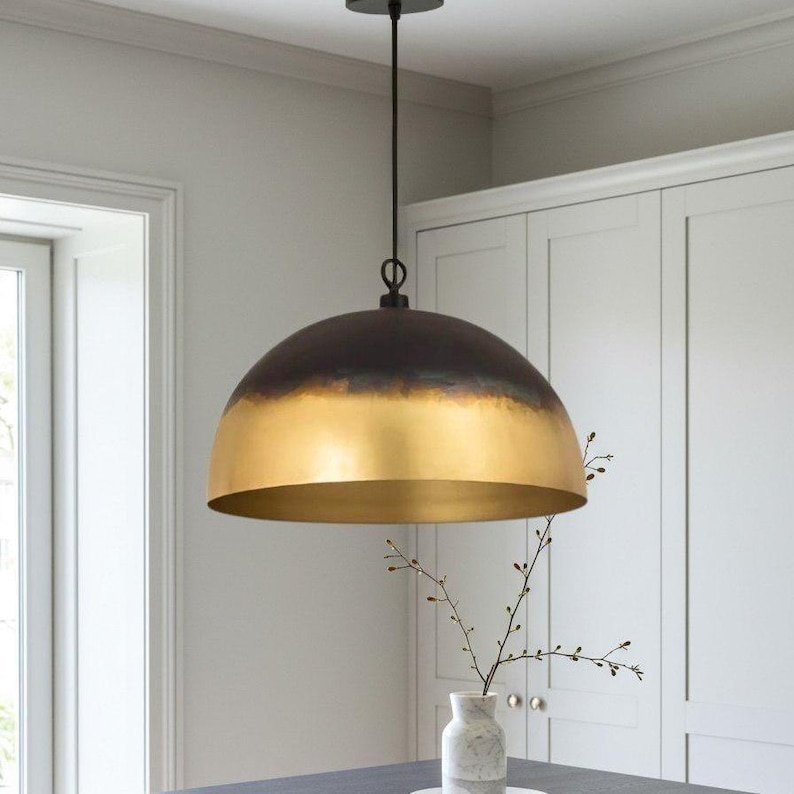 Black and Antique Brass Dome Pendant Light, Handmade Moroccan Two-Tone Brass Kitchen Island Chandelier, Modern Rustic Farmhouse Hanging Ceiling Light Fixture
