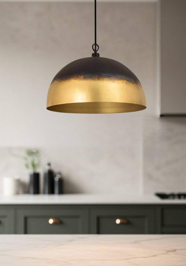 Black and Antique Brass Dome Pendant Light, Handmade Moroccan Two-Tone Brass Kitchen Island Chandelier, Modern Rustic Farmhouse Hanging Ceiling Light Fixture