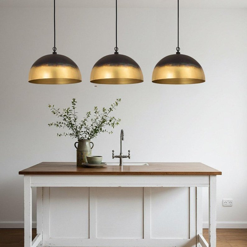 Black and Antique Brass Dome Pendant Light, Handmade Moroccan Two-Tone Brass Kitchen Island Chandelier, Modern Rustic Farmhouse Hanging Ceiling Light Fixture
