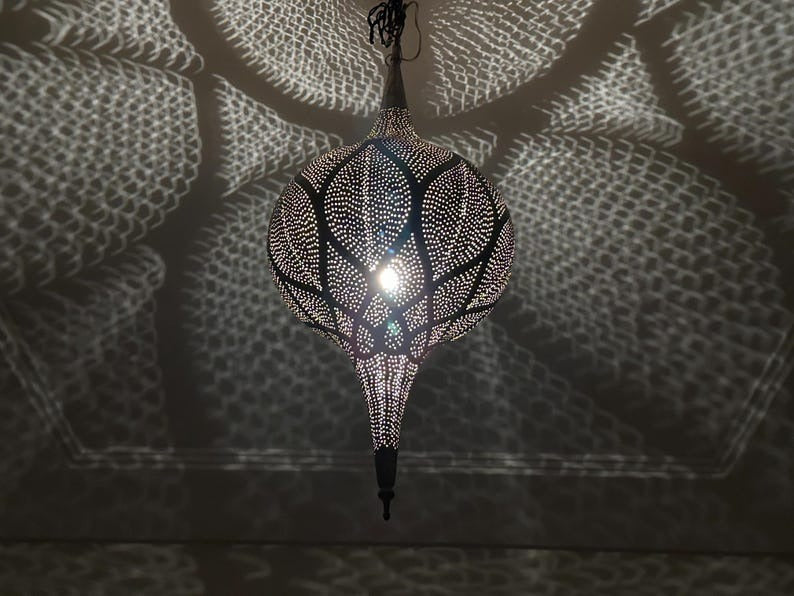 Handmade Moroccan Brass Pendant Light – Pierced Onion Lantern with Floral Arabesque Pattern, Moorish Shadow Casting Ceiling Lamp