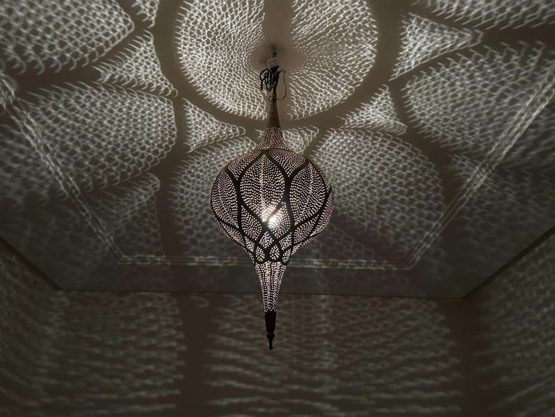 Handmade Moroccan Brass Pendant Light – Pierced Onion Lantern with Floral Arabesque Pattern, Moorish Shadow Casting Ceiling Lamp