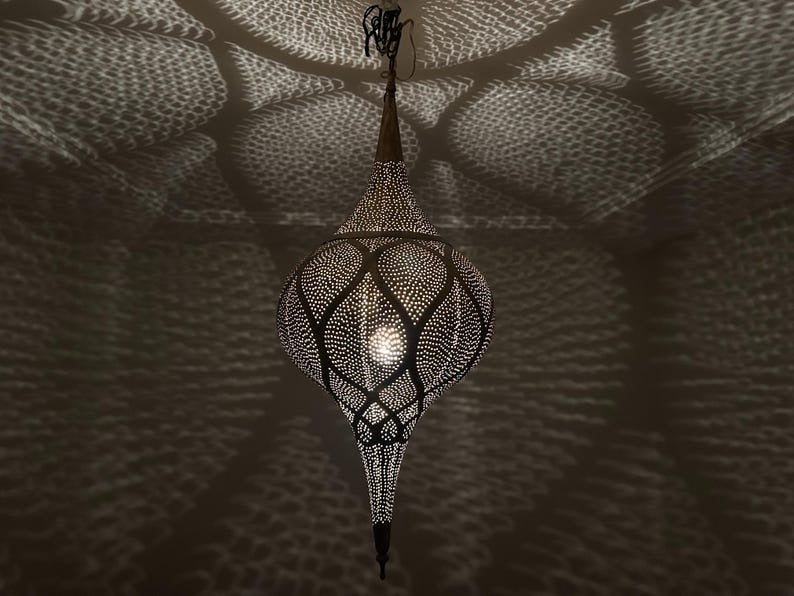 Handmade Moroccan Brass Pendant Light – Pierced Onion Lantern with Floral Arabesque Pattern, Moorish Shadow Casting Ceiling Lamp