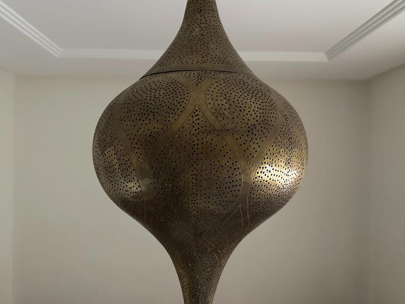 Handmade Moroccan Brass Pendant Light – Pierced Onion Lantern with Floral Arabesque Pattern, Moorish Shadow Casting Ceiling Lamp