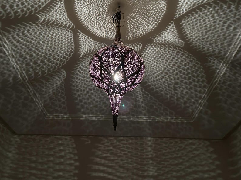 Handmade Moroccan Brass Pendant Light – Pierced Onion Lantern with Floral Arabesque Pattern, Moorish Shadow Casting Ceiling Lamp
