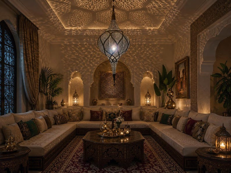 Handmade Moroccan Brass Pendant Light – Pierced Onion Lantern with Floral Arabesque Pattern, Moorish Shadow Casting Ceiling Lamp