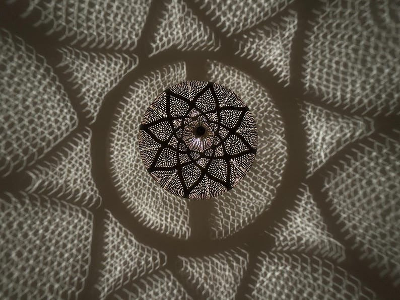 Handmade Moroccan Brass Pendant Light – Pierced Onion Lantern with Floral Arabesque Pattern, Moorish Shadow Casting Ceiling Lamp