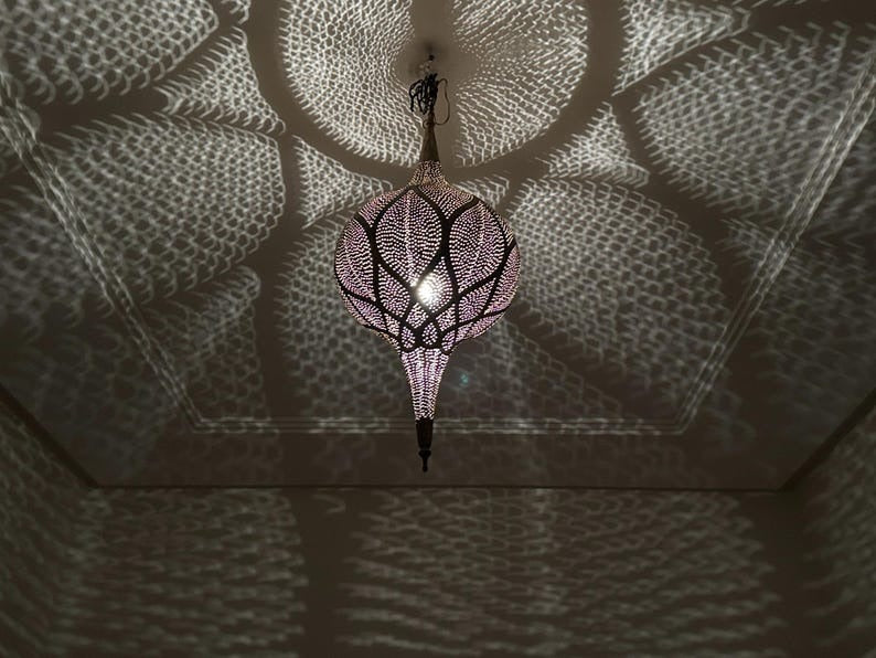 Handmade Moroccan Brass Pendant Light – Pierced Onion Lantern with Floral Arabesque Pattern, Moorish Shadow Casting Ceiling Lamp