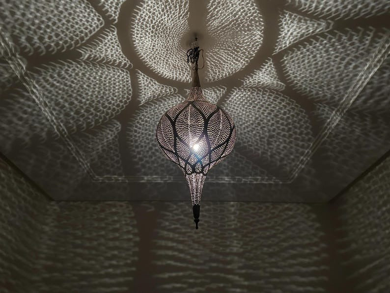 Handmade Moroccan Brass Pendant Light – Pierced Onion Lantern with Floral Arabesque Pattern, Moorish Shadow Casting Ceiling Lamp