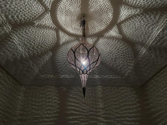 Handmade Moroccan Brass Pendant Light – Pierced Onion Lantern with Floral Arabesque Pattern, Moorish Shadow Casting Ceiling Lamp