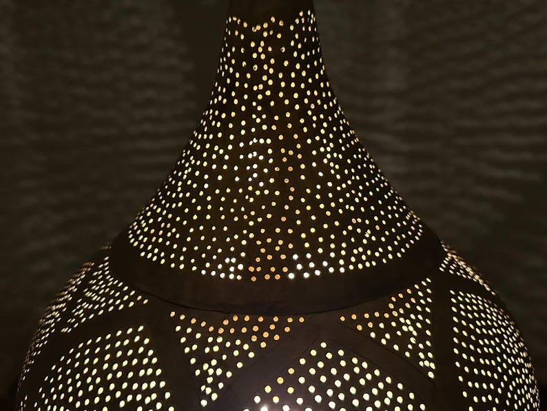 Handmade Moroccan Brass Pendant Light – Pierced Onion Lantern with Floral Arabesque Pattern, Moorish Shadow Casting Ceiling Lamp