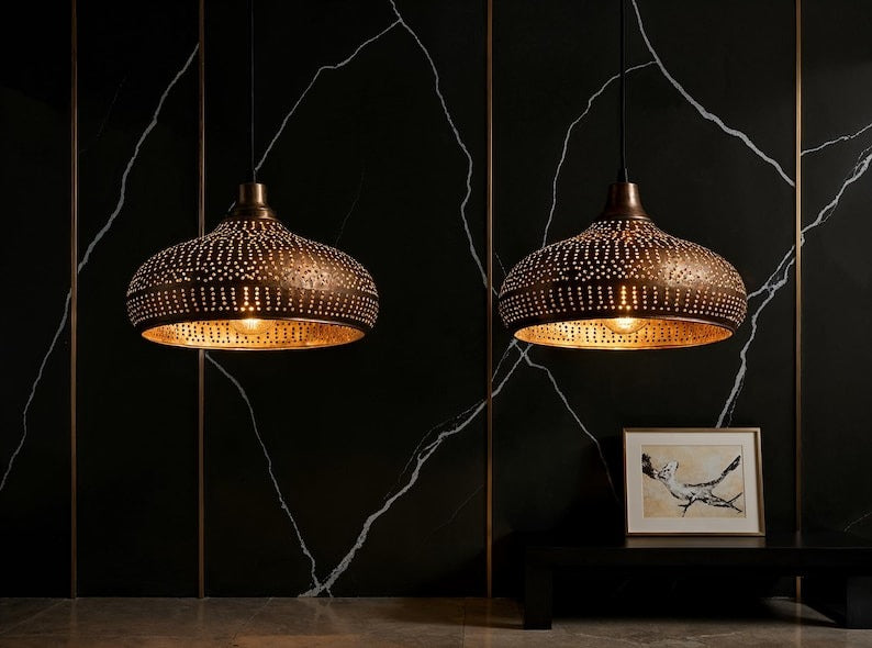 Perforated Aged Copper Onion Pendant Light, Handmade Moroccan Pierced Copper Chandelier, Rustic Kitchen Island Hanging Lamp, Boho Farmhouse Dining Room Ceiling Light Fixture