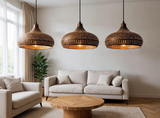 Perforated Aged Copper Onion Pendant Light, Handmade Moroccan Pierced Copper Chandelier, Rustic Kitchen Island Hanging Lamp, Boho Farmhouse Dining Room Ceiling Light Fixture
