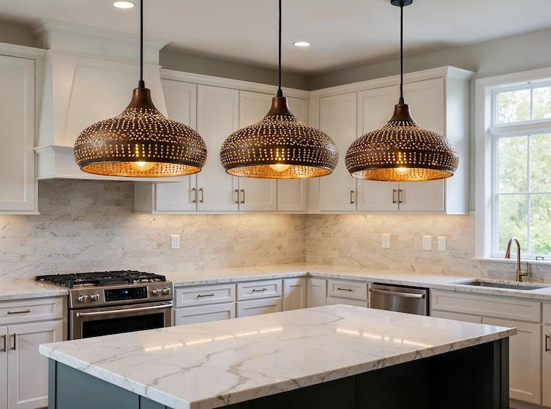 Perforated Aged Copper Onion Pendant Light, Handmade Moroccan Pierced Copper Chandelier, Rustic Kitchen Island Hanging Lamp, Boho Farmhouse Dining Room Ceiling Light Fixture