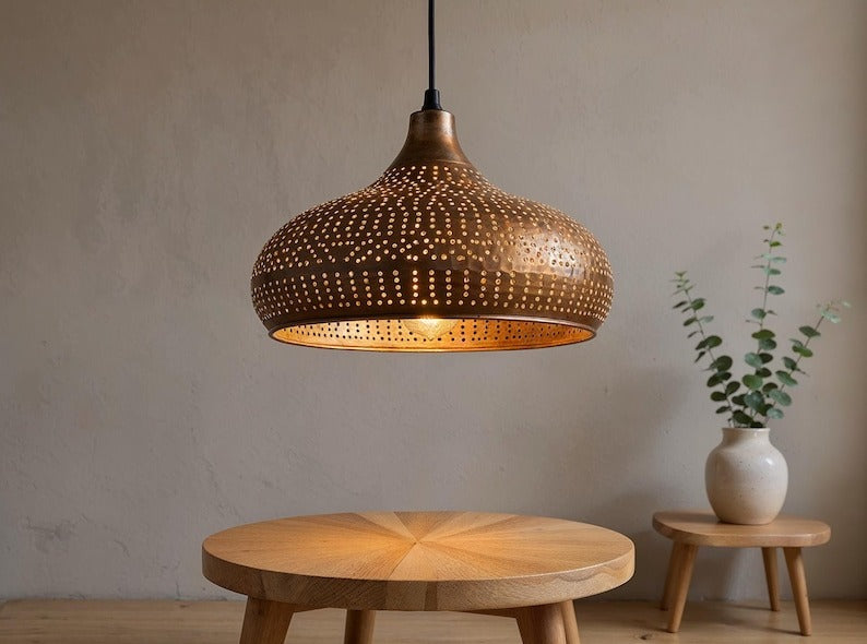 Perforated Aged Copper Onion Pendant Light, Handmade Moroccan Pierced Copper Chandelier, Rustic Kitchen Island Hanging Lamp, Boho Farmhouse Dining Room Ceiling Light Fixture
