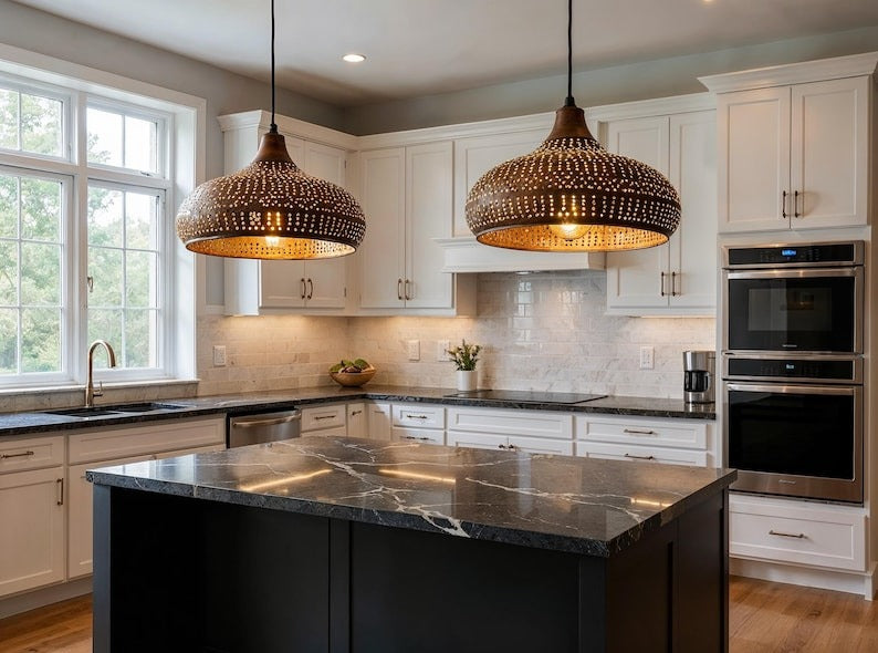Perforated Aged Copper Onion Pendant Light, Handmade Moroccan Pierced Copper Chandelier, Rustic Kitchen Island Hanging Lamp, Boho Farmhouse Dining Room Ceiling Light Fixture