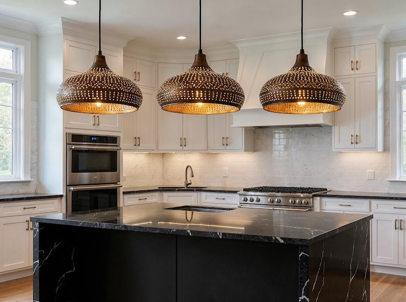 Perforated Aged Copper Onion Pendant Light, Handmade Moroccan Pierced Copper Chandelier, Rustic Kitchen Island Hanging Lamp, Boho Farmhouse Dining Room Ceiling Light Fixture