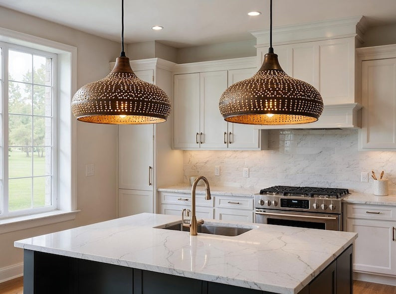 Perforated Aged Copper Onion Pendant Light, Handmade Moroccan Pierced Copper Chandelier, Rustic Kitchen Island Hanging Lamp, Boho Farmhouse Dining Room Ceiling Light Fixture