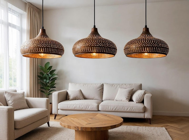 Perforated Aged Copper Onion Pendant Light, Handmade Moroccan Pierced Copper Chandelier, Rustic Kitchen Island Hanging Lamp, Boho Farmhouse Dining Room Ceiling Light Fixture