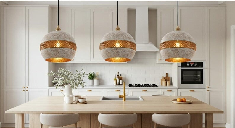 White and Gold Brass Globe Pendant Light – Moroccan Lattice Orb Chandelier with Crackle Finish