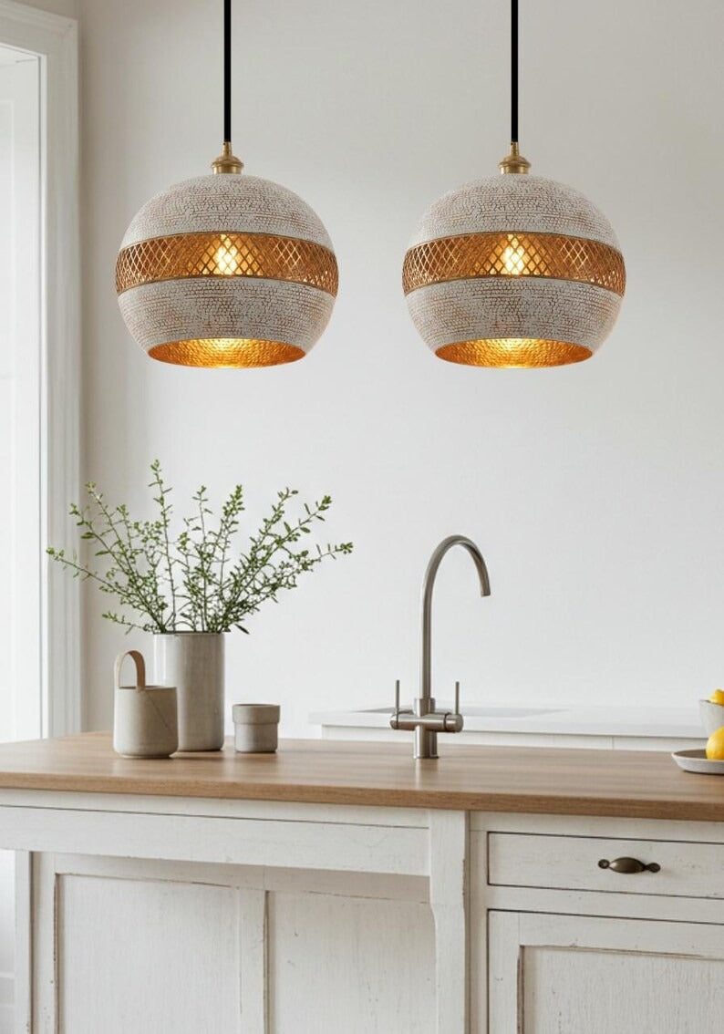 White and Gold Brass Globe Pendant Light – Moroccan Lattice Orb Chandelier with Crackle Finish