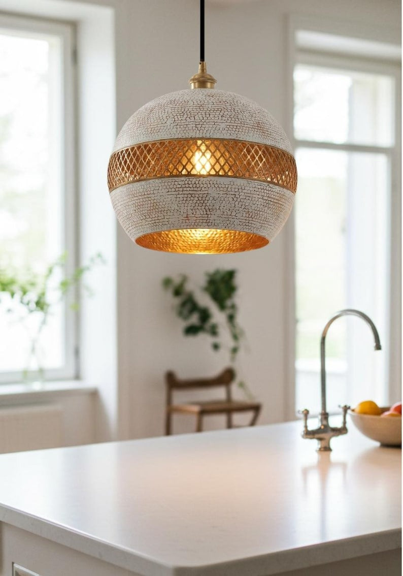 White and Gold Brass Globe Pendant Light – Moroccan Lattice Orb Chandelier with Crackle Finish