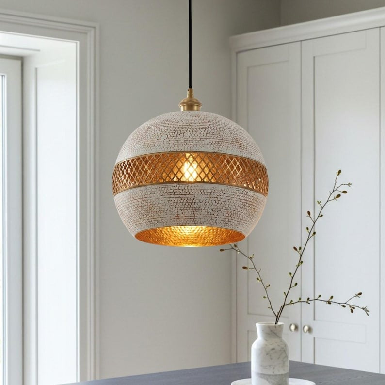 White and Gold Brass Globe Pendant Light – Moroccan Lattice Orb Chandelier with Crackle Finish