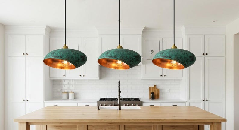 Handmade Moroccan Brass Pendant Light – Sculptural Verdigris Oval Ceiling Lamp with Hammered Copper Interior and Organic Modern Design