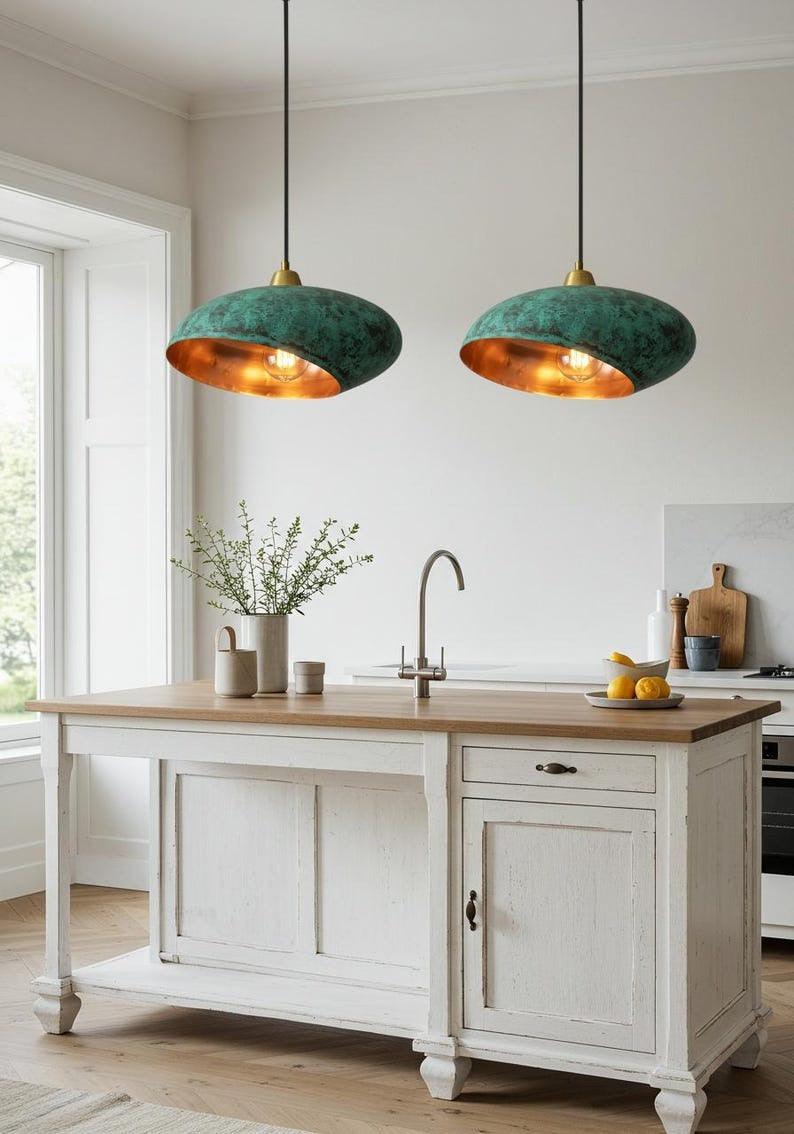 Handmade Moroccan Brass Pendant Light – Sculptural Verdigris Oval Ceiling Lamp with Hammered Copper Interior and Organic Modern Design