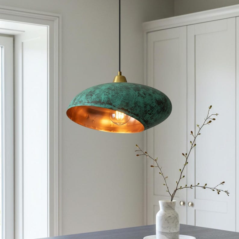 Handmade Moroccan Brass Pendant Light – Sculptural Verdigris Oval Ceiling Lamp with Hammered Copper Interior and Organic Modern Design
