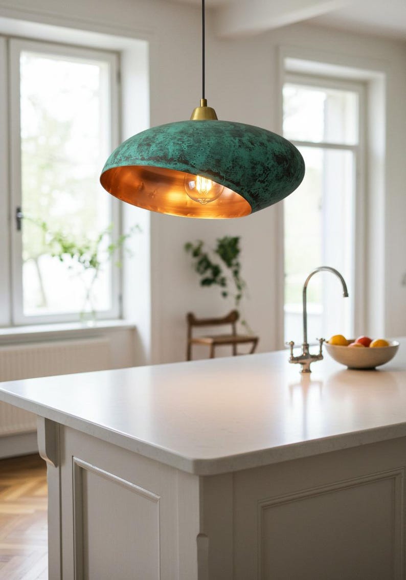 Handmade Moroccan Brass Pendant Light – Sculptural Verdigris Oval Ceiling Lamp with Hammered Copper Interior and Organic Modern Design