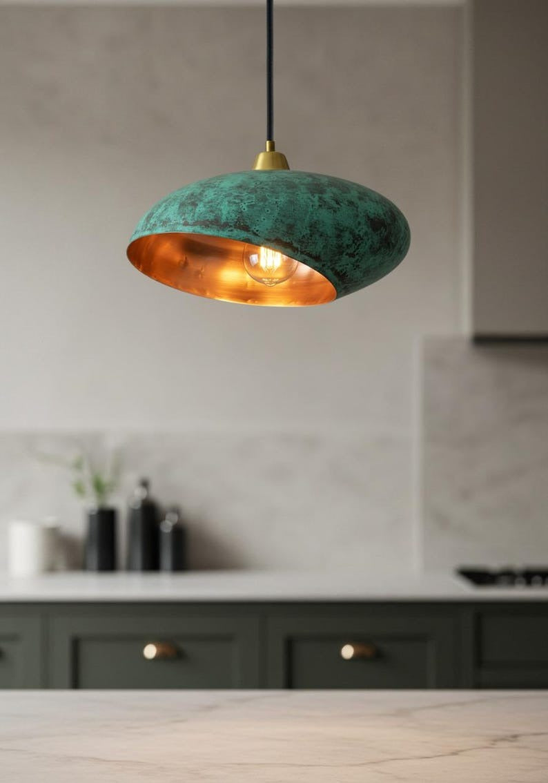 Handmade Moroccan Brass Pendant Light – Sculptural Verdigris Oval Ceiling Lamp with Hammered Copper Interior and Organic Modern Design