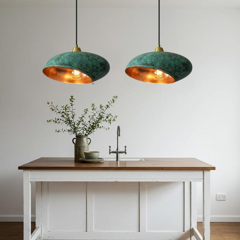 Handmade Moroccan Brass Pendant Light – Sculptural Verdigris Oval Ceiling Lamp with Hammered Copper Interior and Organic Modern Design