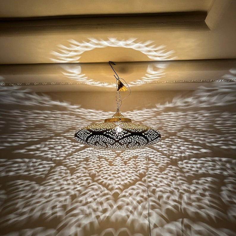 Handmade Moroccan Brass Pendant Light – Large Pierced Oval Ceiling Lantern with Geometric Star & Floral Cutouts, Shadow Casting Moorish Dining Room & Living Room Lighting