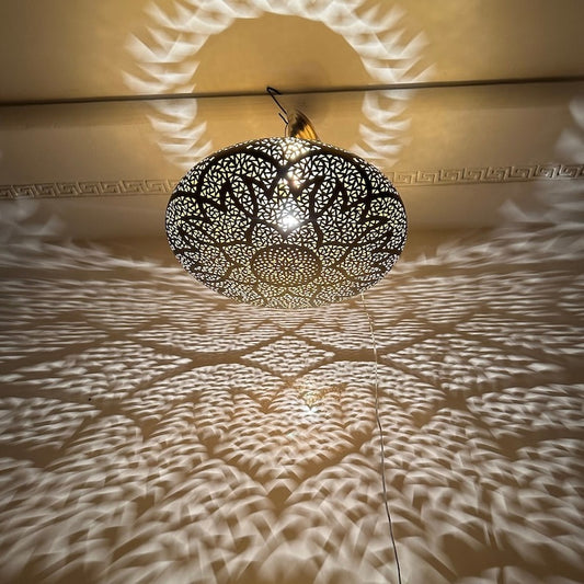 Handmade Moroccan Brass Pendant Light – Large Pierced Oval Ceiling Lantern with Geometric Star & Floral Cutouts, Shadow Casting Moorish Dining Room & Living Room Lighting