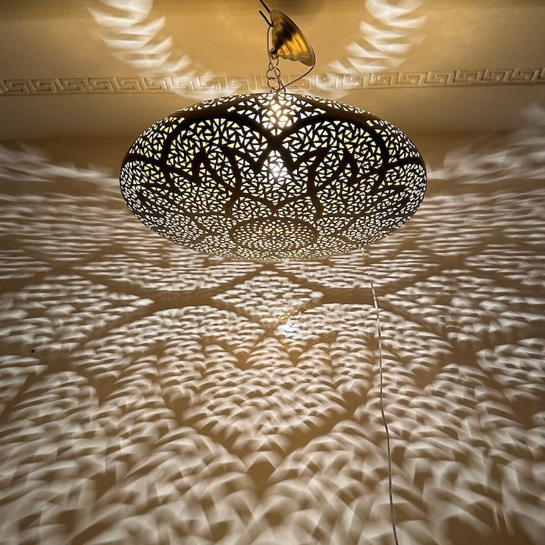 Handmade Moroccan Brass Pendant Light – Large Pierced Oval Ceiling Lantern with Geometric Star & Floral Cutouts, Shadow Casting Moorish Dining Room & Living Room Lighting
