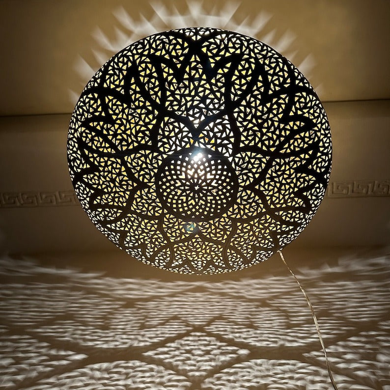 Handmade Moroccan Brass Pendant Light – Large Pierced Oval Ceiling Lantern with Geometric Star & Floral Cutouts, Shadow Casting Moorish Dining Room & Living Room Lighting
