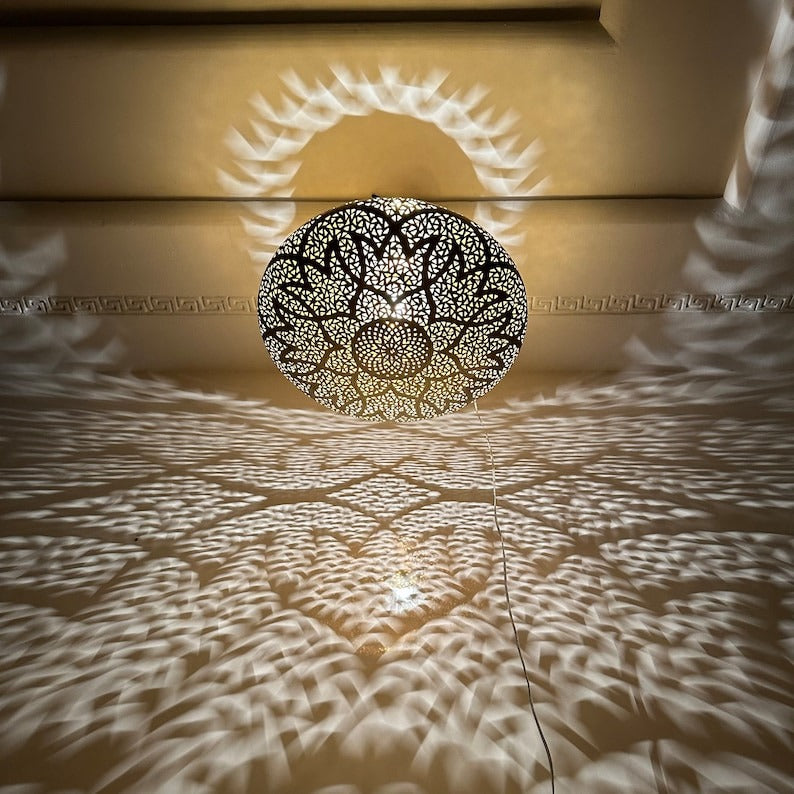 Handmade Moroccan Brass Pendant Light – Large Pierced Oval Ceiling Lantern with Geometric Star & Floral Cutouts, Shadow Casting Moorish Dining Room & Living Room Lighting