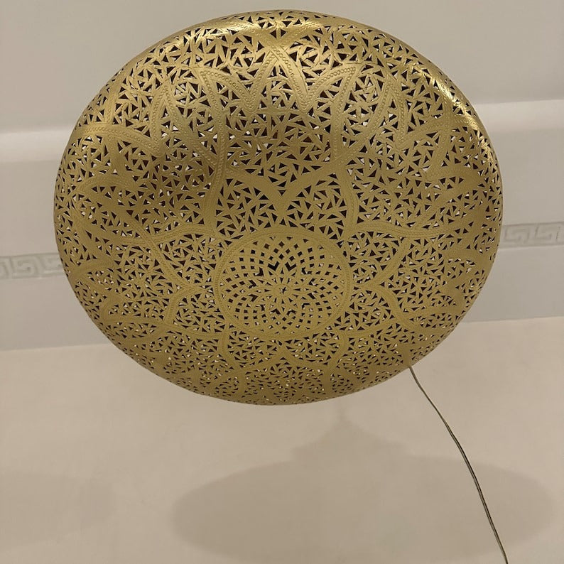 Handmade Moroccan Brass Pendant Light – Large Pierced Oval Ceiling Lantern with Geometric Star & Floral Cutouts, Shadow Casting Moorish Dining Room & Living Room Lighting
