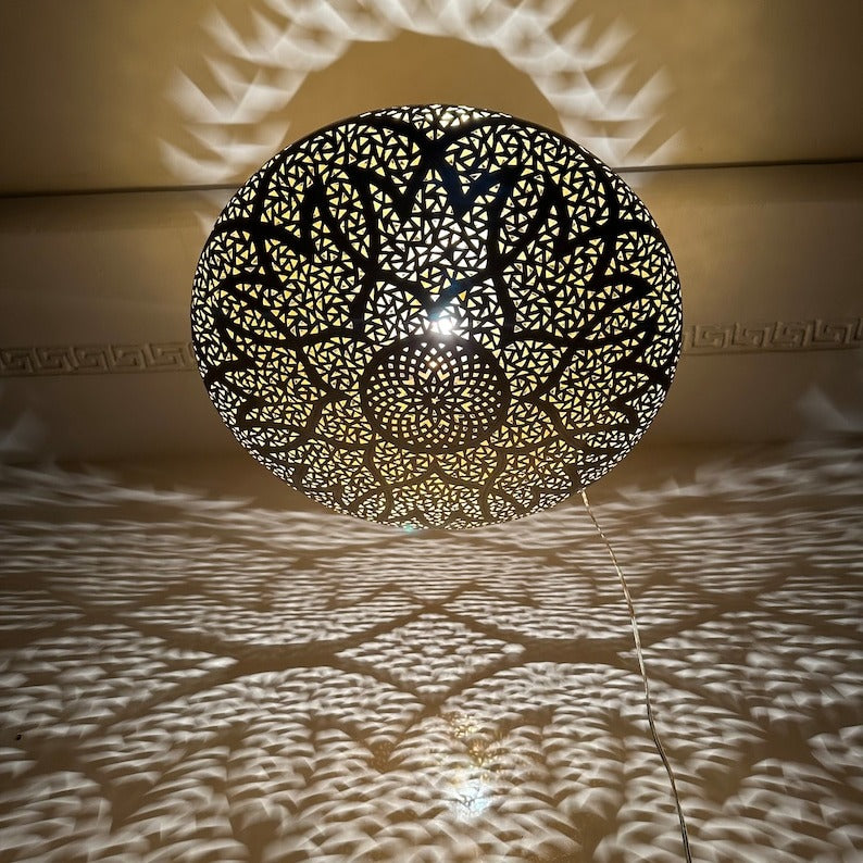 Handmade Moroccan Brass Pendant Light – Large Pierced Oval Ceiling Lantern with Geometric Star & Floral Cutouts, Shadow Casting Moorish Dining Room & Living Room Lighting