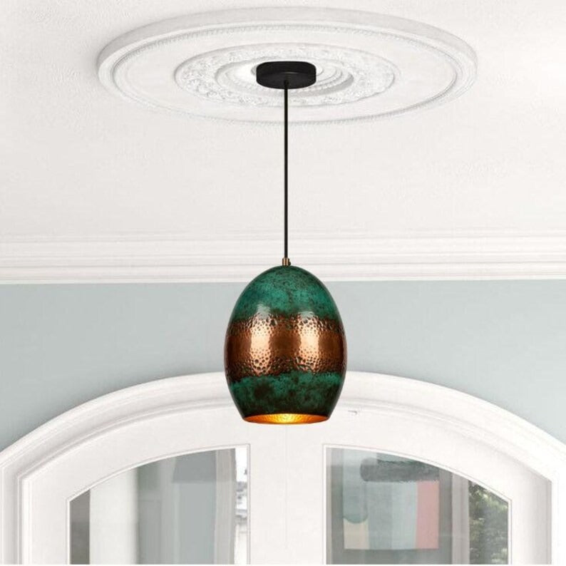 Handmade Green Patina Brass Pendant Light – Moroccan Oval Hanging Lamp with Hammered Copper Brass Band for Kitchen Island, Dining Room & Boho Home Décor