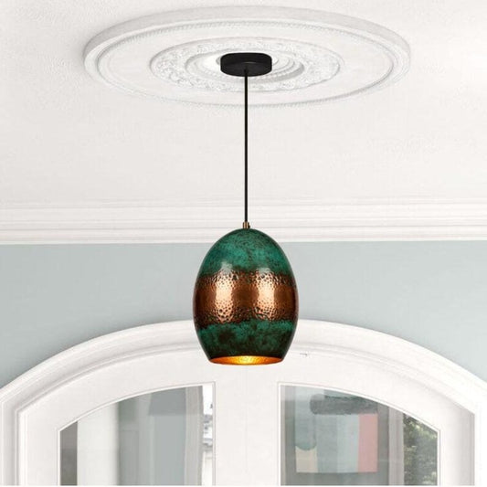 Handmade Green Patina Brass Pendant Light – Moroccan Oval Hanging Lamp with Hammered Copper Brass Band for Kitchen Island, Dining Room & Boho Home Décor