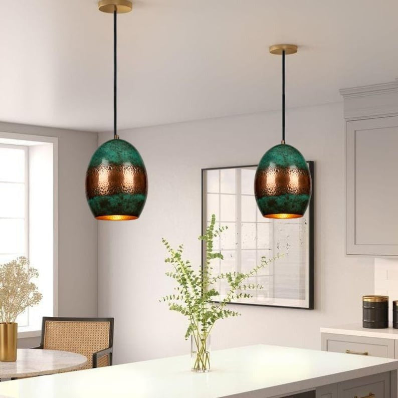 Handmade Green Patina Brass Pendant Light – Moroccan Oval Hanging Lamp with Hammered Copper Brass Band for Kitchen Island, Dining Room & Boho Home Décor