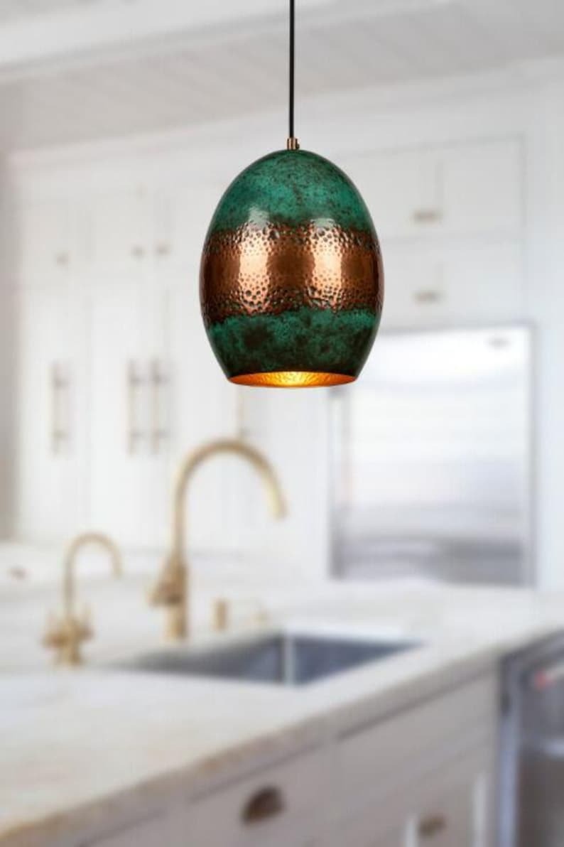 Handmade Green Patina Brass Pendant Light – Moroccan Oval Hanging Lamp with Hammered Copper Brass Band for Kitchen Island, Dining Room & Boho Home Décor