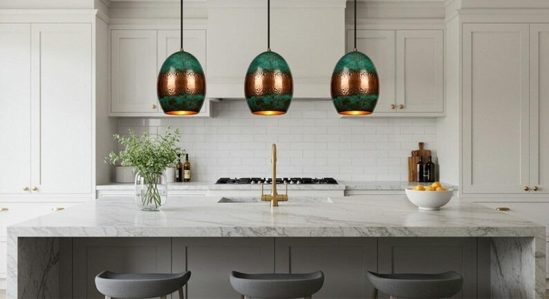 Handmade Green Patina Brass Pendant Light – Moroccan Oval Hanging Lamp with Hammered Copper Brass Band for Kitchen Island, Dining Room & Boho Home Décor