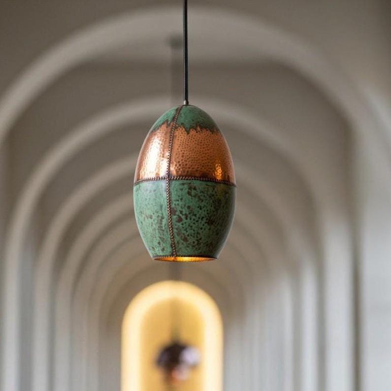 Copper and Green Patina Egg-Shaped Pendant Light, Handmade Moroccan Hammered Copper Hanging Lamp, Verdigris Boho Lantern Chandelier, Rustic Kitchen Island Ceiling Light Fixture