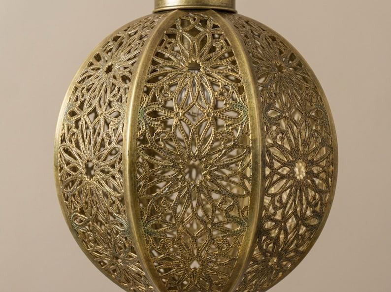 Moroccan Pierced Brass Oval Pendant Light – Floral Filigree Lantern Chandelier with Shadow Pattern