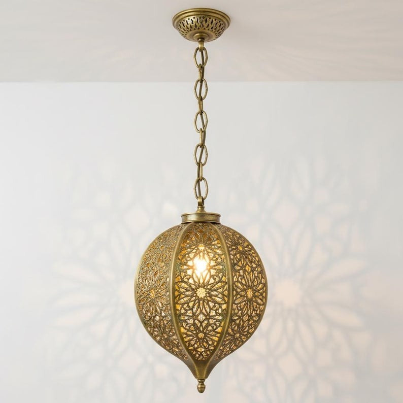 Moroccan Pierced Brass Oval Pendant Light – Floral Filigree Lantern Chandelier with Shadow Pattern