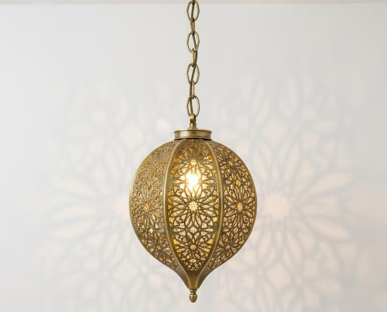 Moroccan Pierced Brass Oval Pendant Light – Floral Filigree Lantern Chandelier with Shadow Pattern