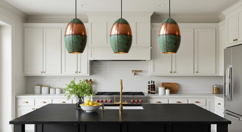 Copper and Green Patina Egg-Shaped Pendant Light, Handmade Moroccan Hammered Copper Hanging Lamp, Verdigris Boho Lantern Chandelier, Rustic Kitchen Island Ceiling Light Fixture