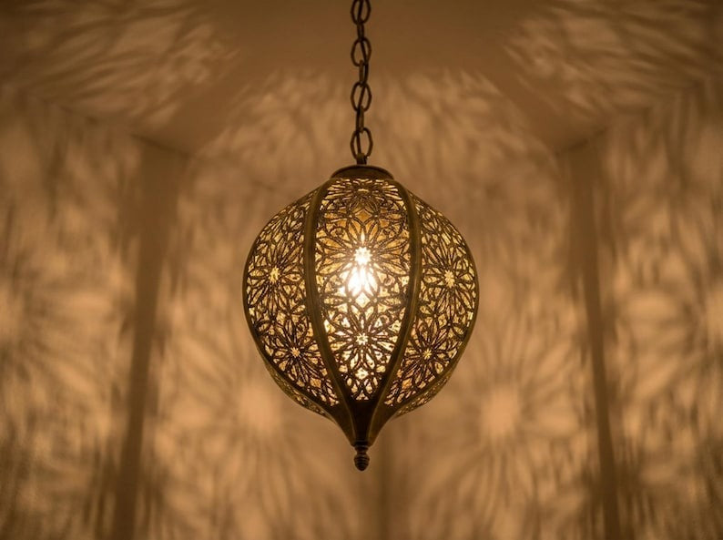 Moroccan Pierced Brass Oval Pendant Light – Floral Filigree Lantern Chandelier with Shadow Pattern